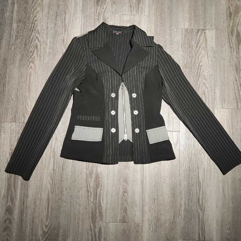 Vintage 90s black and grey gothic officecore striped blazer and skirt set - Picture 7 of 13